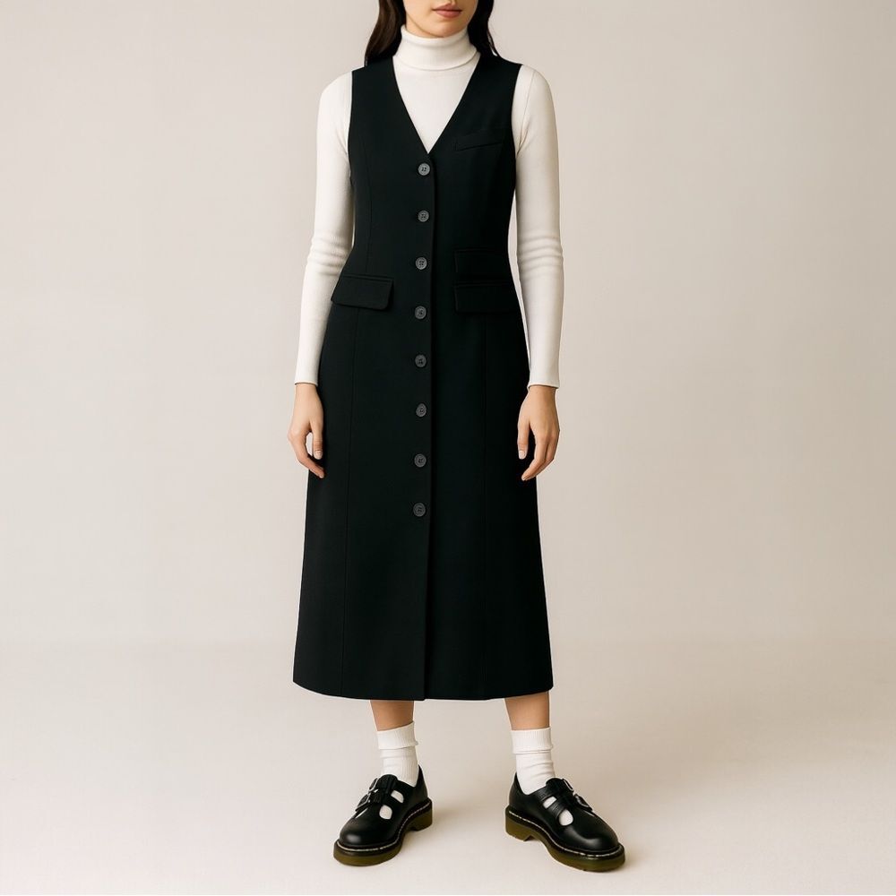 Depeche Mode Black Wool Button Front Maxi Vest Dress Size 4 Made In USA VTG 80s